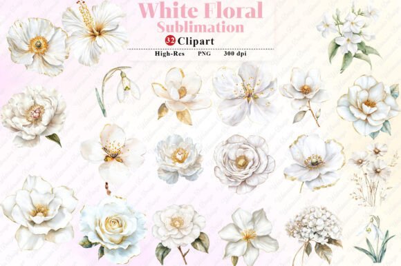 Elegant Watercolor White Floral Clipart for Every Project