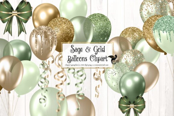 Elevate Your Designs with Elegant Sage and Gold Balloons Clipart