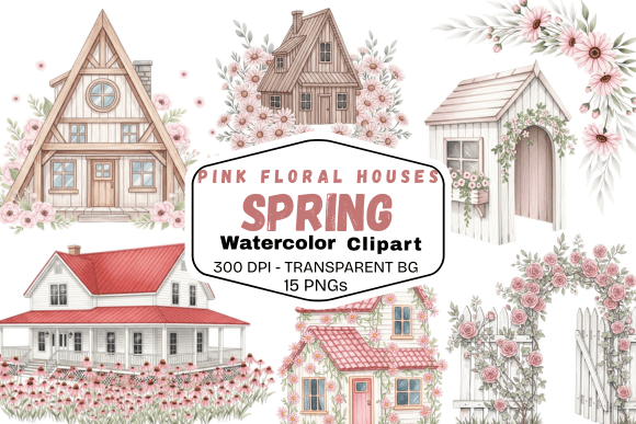 Pink Floral Spring Houses Clipart: Whimsy for Every Project