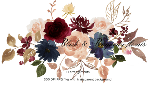 Rich Burgundy & Blue Fall Floral Clipart for Elegant Designs