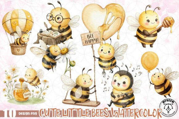 Sweeten Your Designs with Cute Little Bees Watercolor PNG