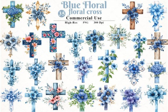Watercolor Blue Floral Cross Clipart: Elegant Digital Designs