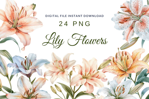 Watercolor Lilies: 24 PNG Clipart for Creative Projects
